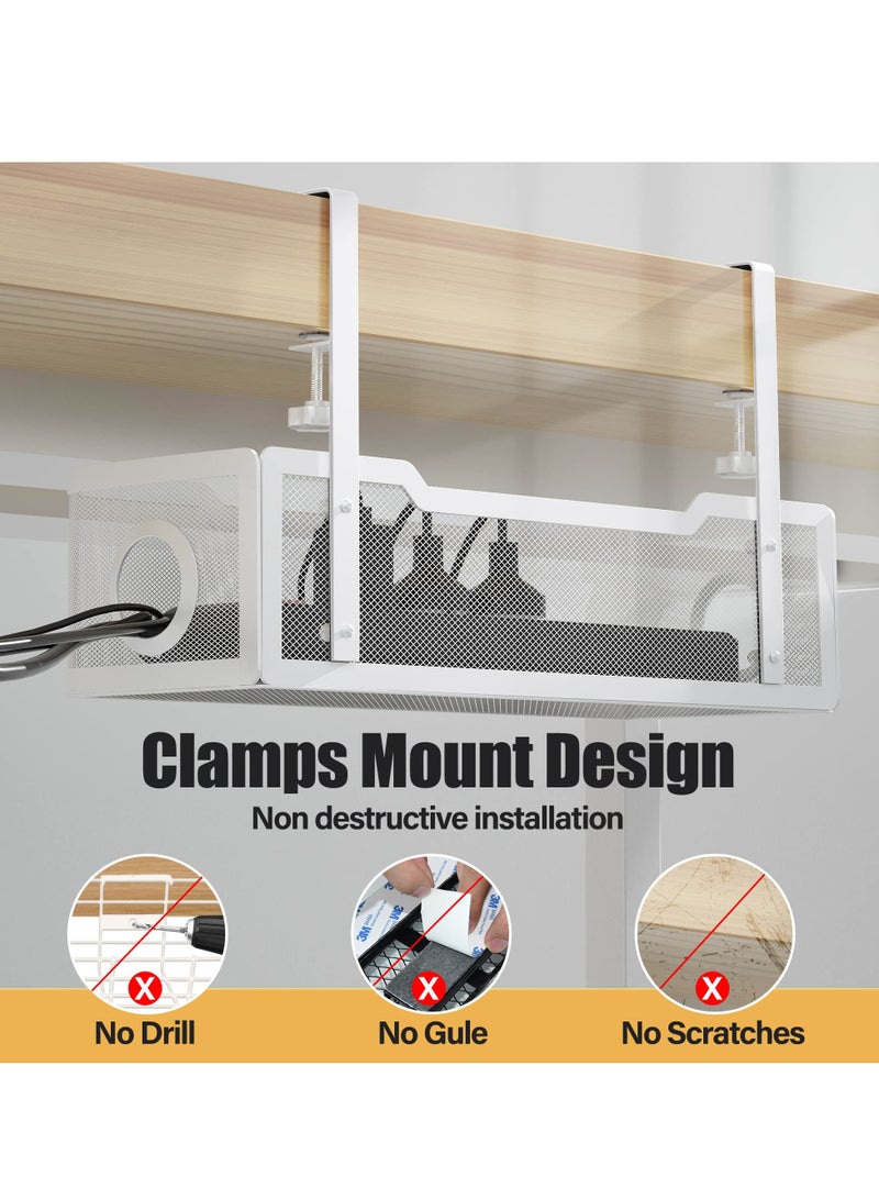 Under Desk Cable Management Tray, Cable Organiser Box with Clamp, No Drill Installation-White  - Image 3