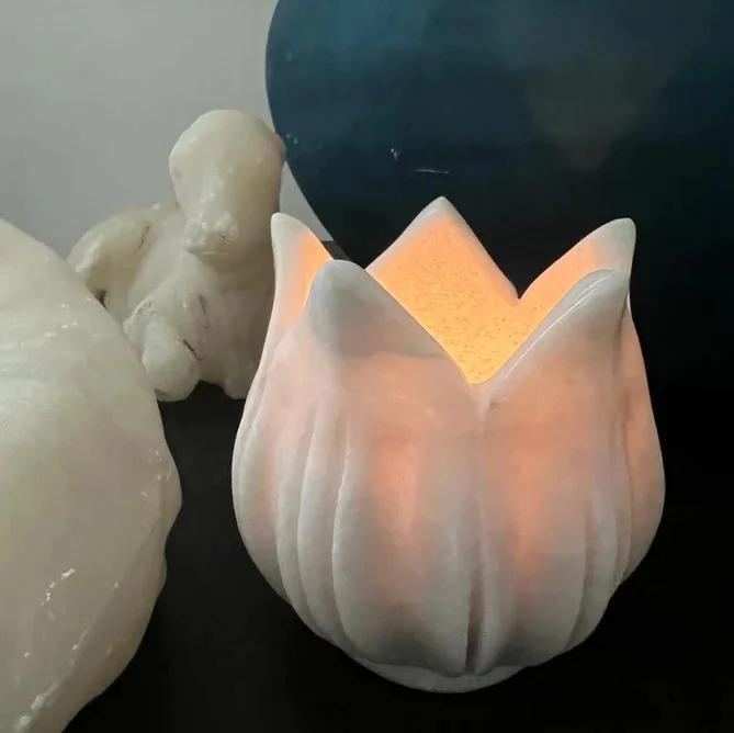 Quesera  Hand carved marble lotus Tea Light Holder with lotus platter  | Best Price UAE