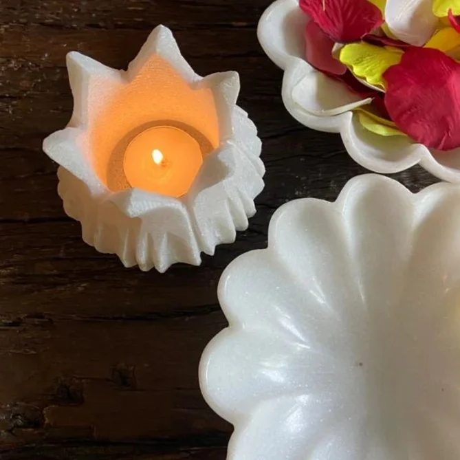 Quesera  Hand carved marble lotus Tea Light Holder with lotus platter  | Best Price UAE