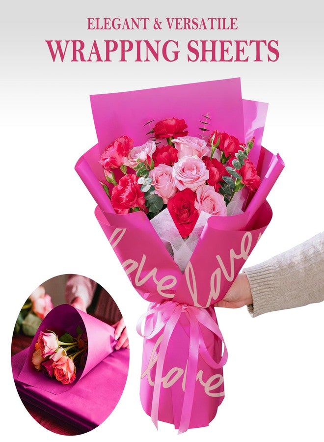 WRAPAHOLIC 20 Sheets Flower Wrapping Paper - 22.4 x 22.4 inch Hot Pink and Love Word Water-Resistant Floral Bouquet Wrapping Paper, Florist Supplies Packaging for Valentine's Day Wedding - Image 4