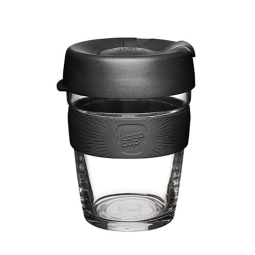 KeepCup 12oz Reusable Coffee Cup. Toughened Glass Cup & Non-Slip Silicone Band. 12-Ounce/Medium, Black - Image 1