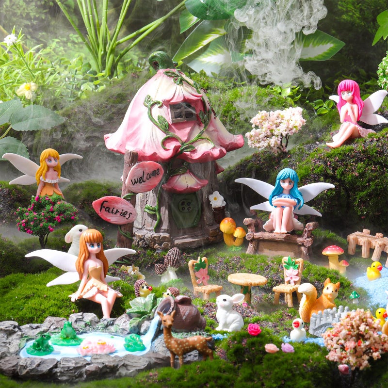 Poen 106 Pcs Fairy House Garden Figurines Kit Resin Fairy Garden Accessories Outdoor Micro Landscape Terrarium Ornaments Wildflower Butterfly Mushroom Party Supplies Micro Landscape for DIY Dollhouse - Image 5