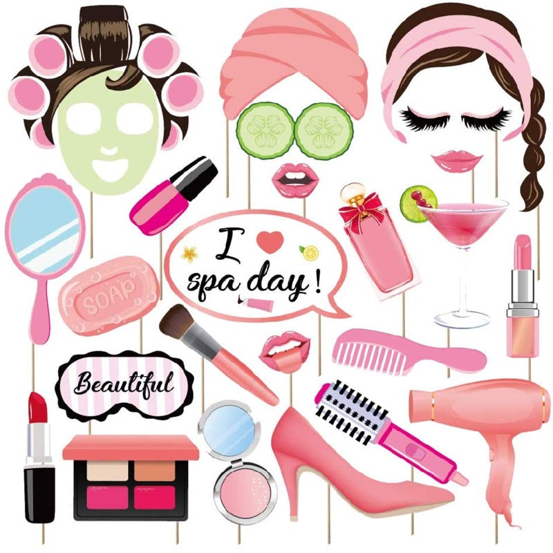 Coppthinktu 25Pcs Spa Photo Booth Props with Stick, Makeup/Spa Party Decorations for Women, Girls, Birthday Party Decorations, Makeup Selfie Props - Image 1