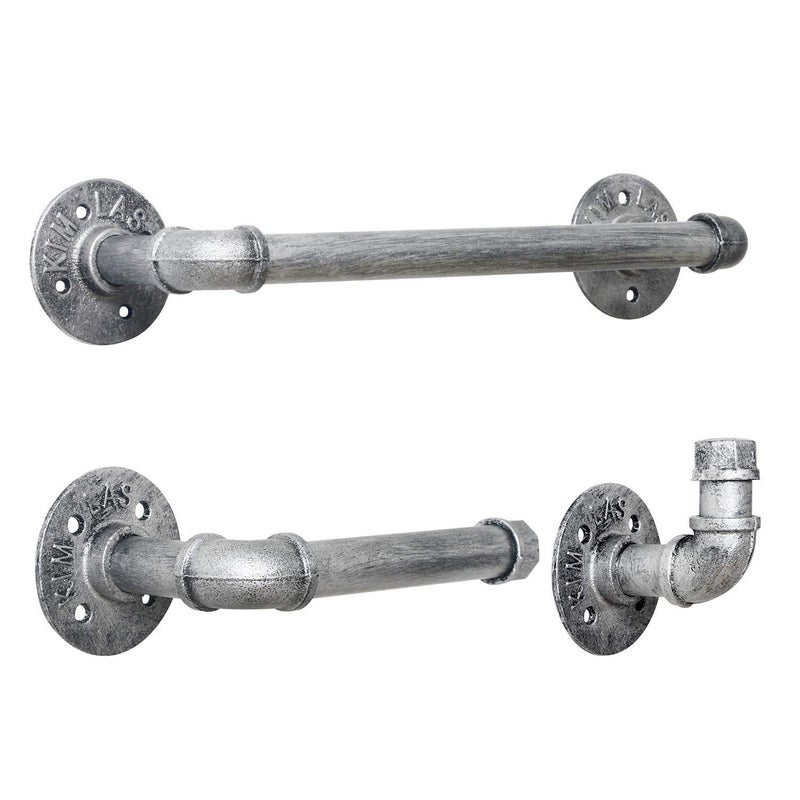 HouseAid 3Pieces Industrial Pipe Towel Holder Set Rustic Steel Towel Rack Kit Farmhouse Vintage Style Towel Bar Accessories for Bathroom Wall Mounted Antique Silver