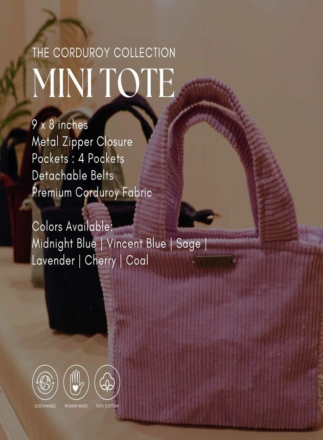 Ekatra Mini Tote Bag for Women | Handcrafted Corduroy Crossbody with 4 Pockets & Detachable Strap | Midnight Blue - Image 2
