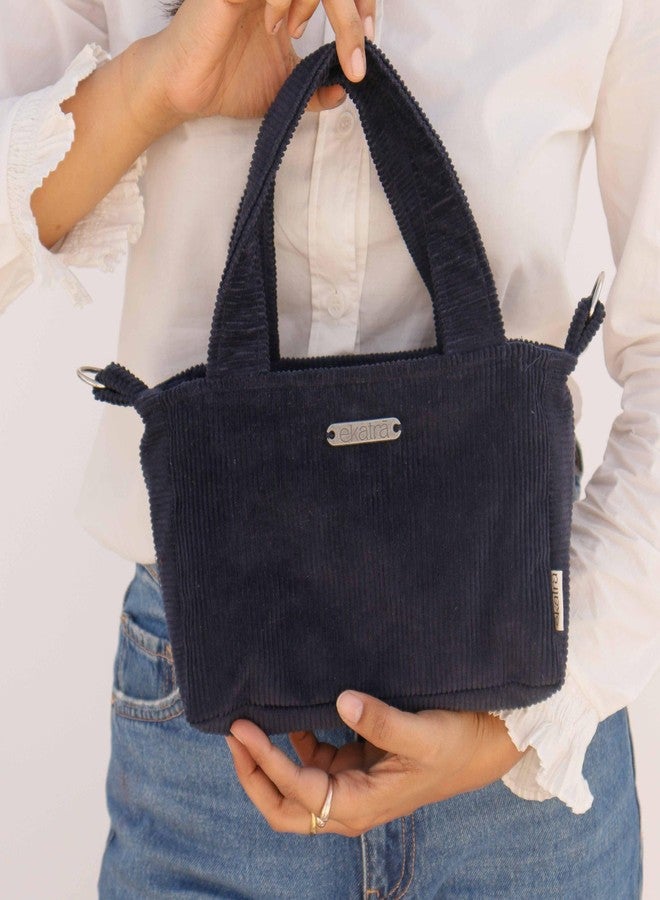 Ekatra Mini Tote Bag for Women | Handcrafted Corduroy Crossbody with 4 Pockets & Detachable Strap | Midnight Blue - Image 3