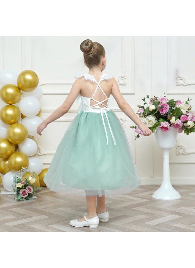 Sunny Fashion Girls Dress Green Lace Tulle Hollow Back Halter Elegant Bridesmaid Size 6  - Image 5