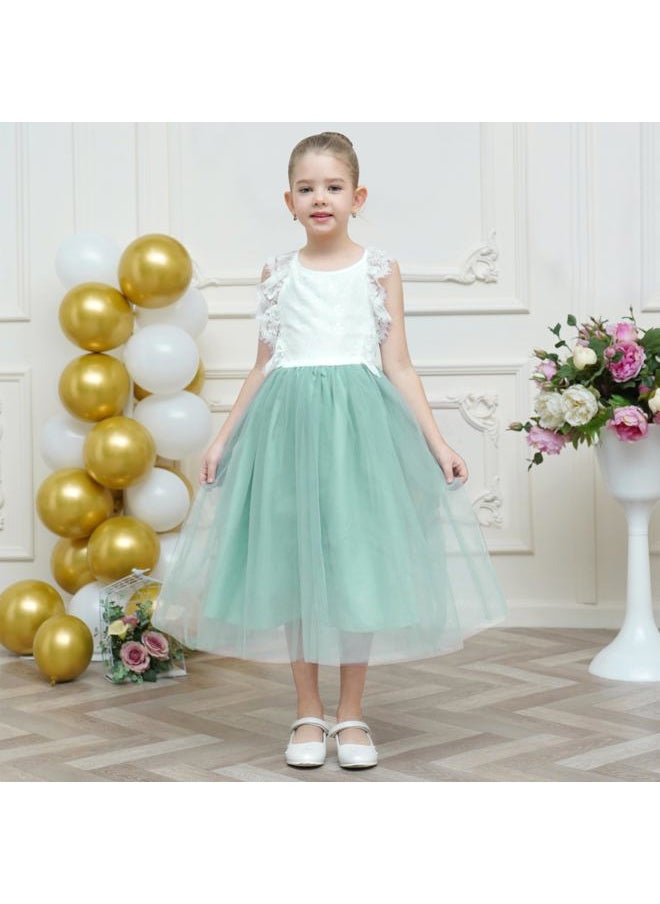 Sunny Fashion Girls Dress Green Lace Tulle Hollow Back Halter Elegant Bridesmaid Size 6  - Image 4
