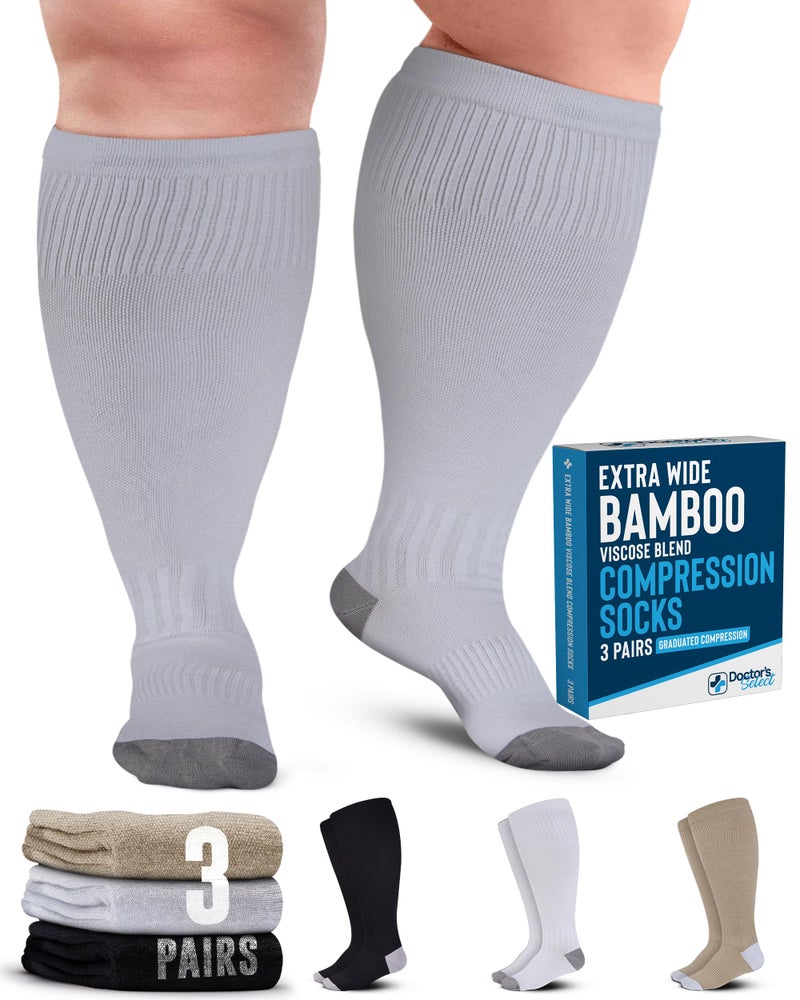 Doctor's Select 3 Pairs Plus Size Compression Socks Wide Calf | Bamboo Viscose Knee High Socks for Circulation Support | Black, White, Tan - Image 1