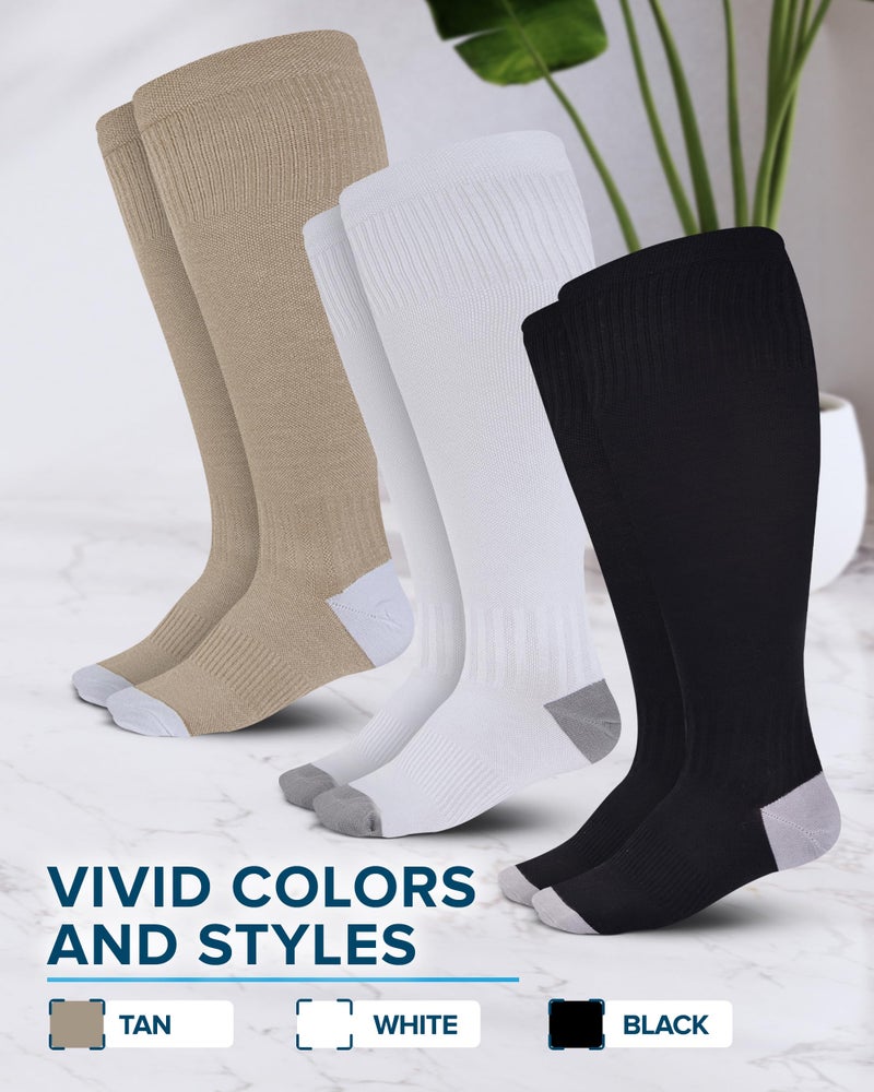 Doctor's Select 3 Pairs Plus Size Compression Socks Wide Calf | Bamboo Viscose Knee High Socks for Circulation Support | Black, White, Tan - Image 4