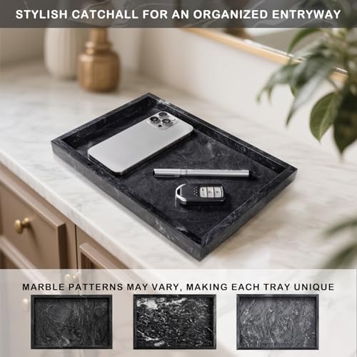 Homaura Marble Bathroom Tray for Countertop & Home Decor, Natural Decorative Marble Tray for Jewelry & Perfume Organizer, Luxury Stone Vanity Trays for Dresser, Kitchen Counter, 12" x 8", Gray Black - Image 5