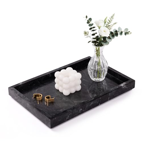 Homaura Marble Bathroom Tray for Countertop & Home Decor, Natural Decorative Marble Tray for Jewelry & Perfume Organizer, Luxury Stone Vanity Trays for Dresser, Kitchen Counter, 12" x 8", Gray Black - Image 1