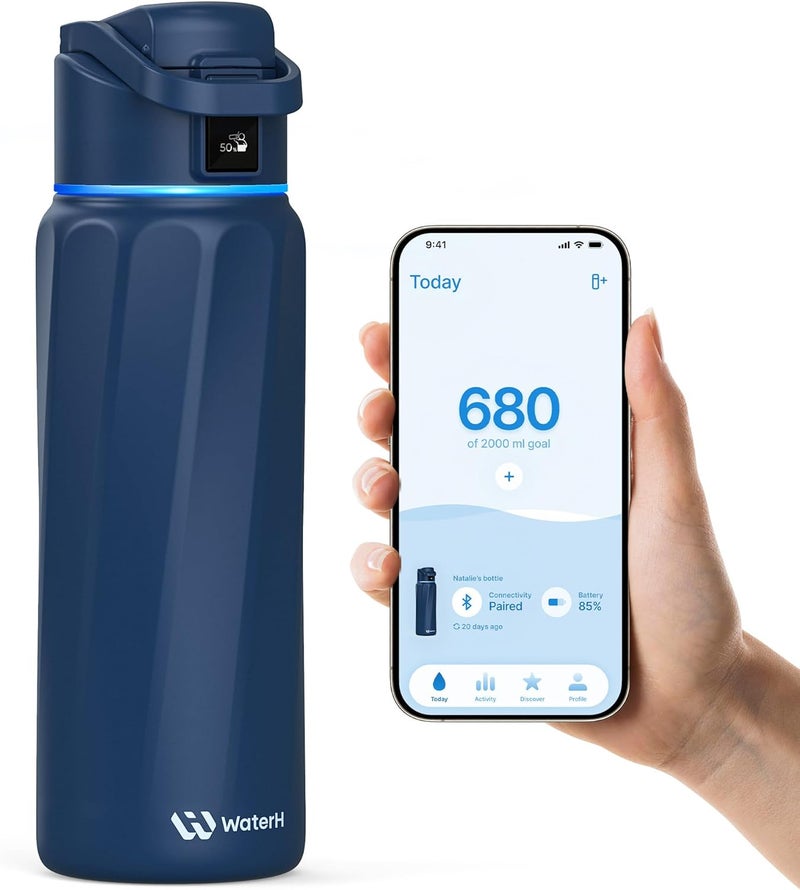 ووتر اتش زجاجة WATERH BOOST الذكية مع تذكير الشرب والمتابعة - زجاجة ستانلس ستيل مزدوجة الجدار معزولة بالفراغ، فوهة واسعة بسعة 32 أونصة، هدية مثالية - أزرق - Image 1
