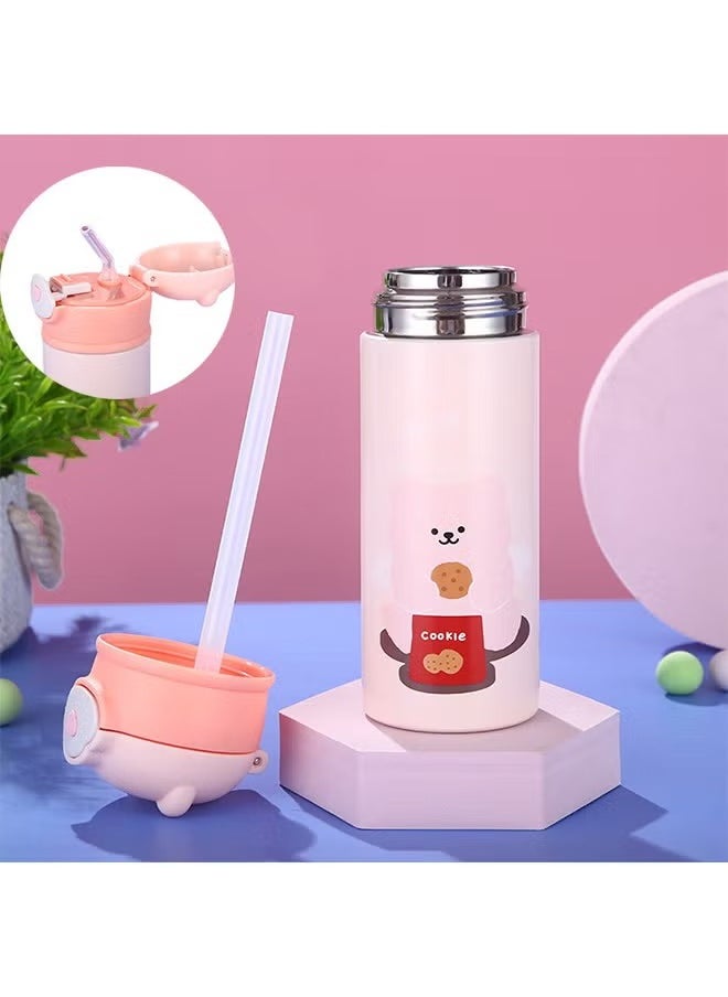 Arabest Kids Vacuum Insulated Water Bottle with Straw, 14Ounce Leak-Proof Stainless Steel Cute Little bear Thermos for Children Hot and Cold Drinks Travel Easy to Carry for Outdoor Travel,Pink  - Image 2