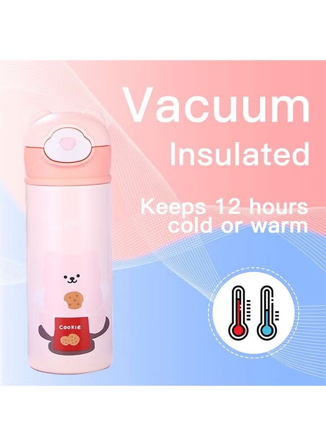 Arabest Kids Vacuum Insulated Water Bottle with Straw, 14Ounce Leak-Proof Stainless Steel Cute Little bear Thermos for Children Hot and Cold Drinks Travel Easy to Carry for Outdoor Travel,Pink  - Image 3