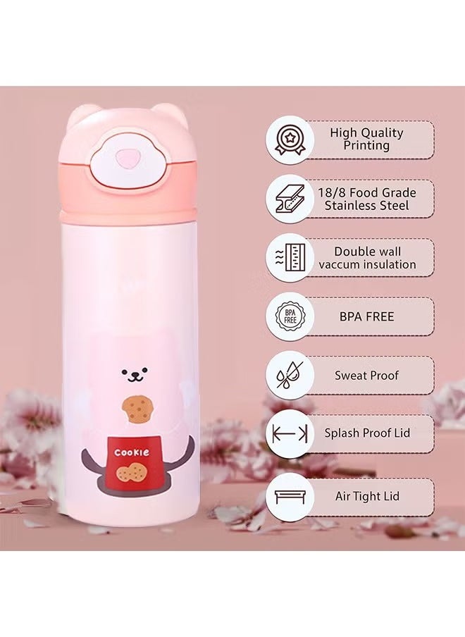 Arabest Kids Vacuum Insulated Water Bottle with Straw, 14Ounce Leak-Proof Stainless Steel Cute Little bear Thermos for Children Hot and Cold Drinks Travel Easy to Carry for Outdoor Travel,Pink  - Image 4