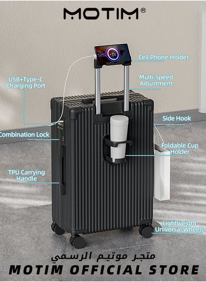 Motim - 2pcs Boarding Carry-on Luggage Sets Travel Luggage Carry-On Luggage with Spinner Wheels Aluminum Framed Carry On Suitcase with USB and Type-C Port & Cup Holder & Phone Holder ＆ Side Hidden Hook Large Checked-in Luggage - Image 1