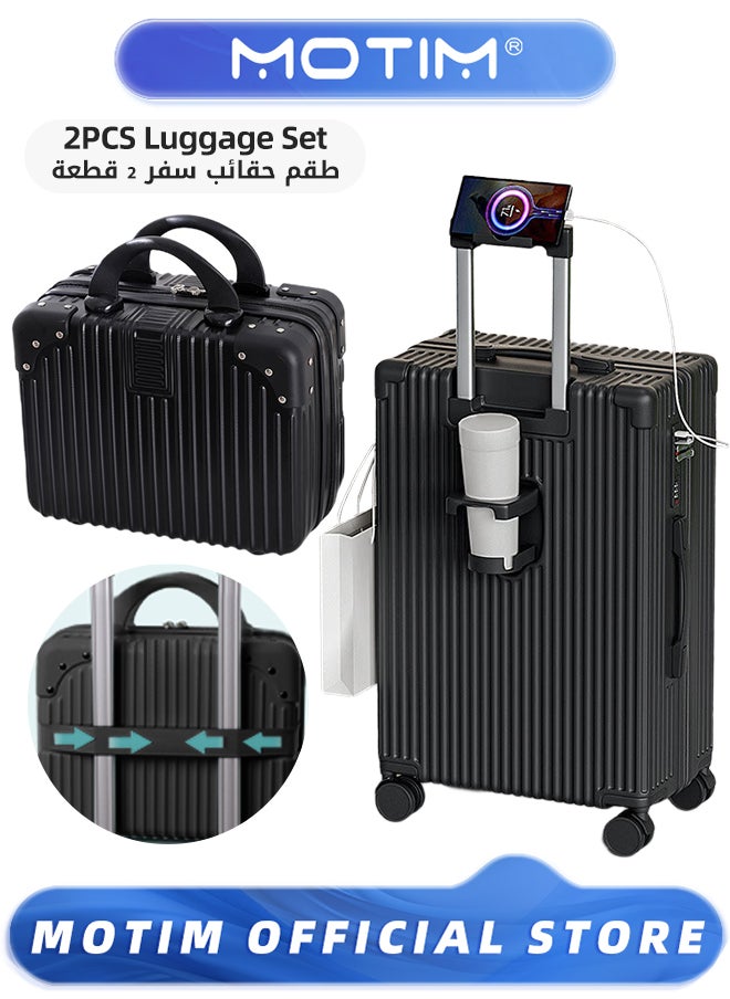 Motim - 2pcs Boarding Carry-on Luggage Sets Travel Luggage Carry-On Luggage with Spinner Wheels Aluminum Framed Carry On Suitcase with USB and Type-C Port & Cup Holder & Phone Holder ＆ Side Hidden Hook Large Checked-in Luggage - Image 1