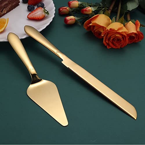 Eisinly Cake Cutting Set for Wedding, Elegant Cake Knife and Server Set with Thickened Stainless Steel Rounded Edges, Cake Cutter Pie Spatula for Birthday Anniversary Christmas, 2 Pcs, Gold - Image 2