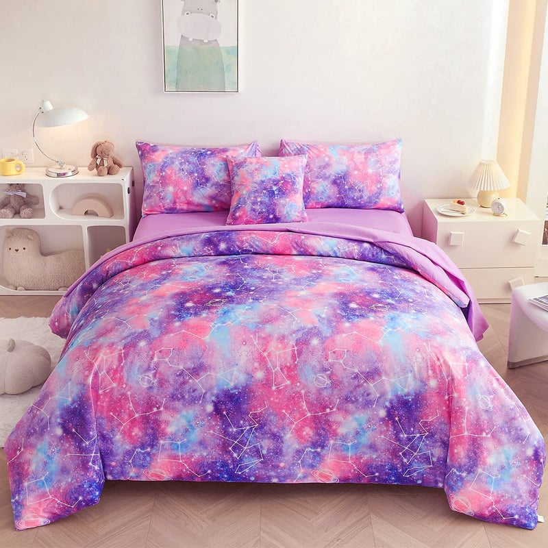 ASKOTU 6 Pcs Purple Twin Bedding Set for Girls Galaxy Twin Girls Bedding Set