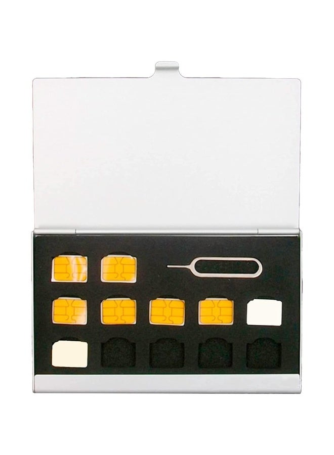 Aluminum SIM Card Case Fit For 12 Nano SIM Card And 1 Cell Phone Eject Pin Slots Universal Waterproof Slim Mini SIM Card Slots Storage Case (Silver) - Image 4