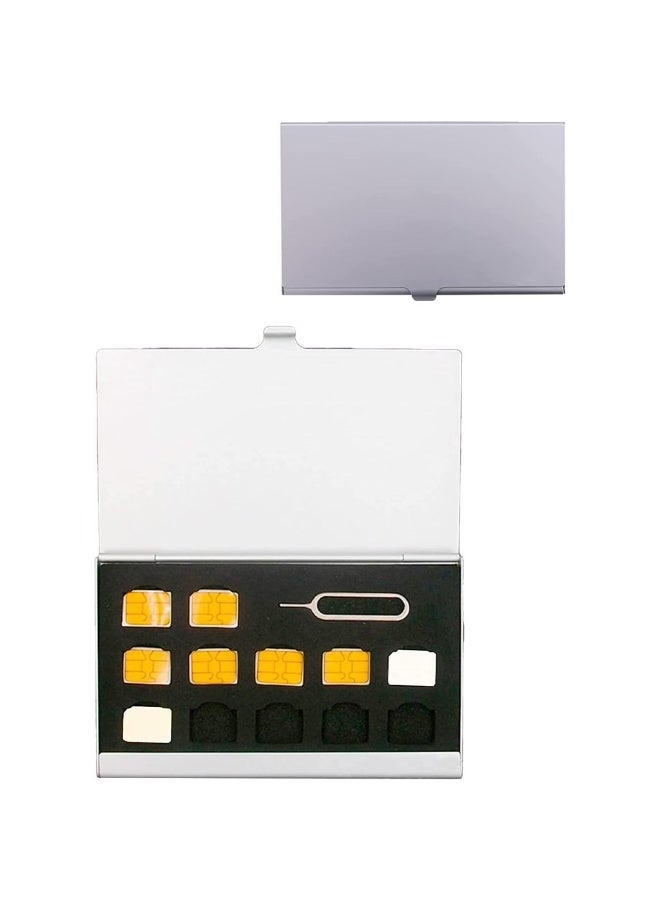 Aluminum SIM Card Case Fit For 12 Nano SIM Card And 1 Cell Phone Eject Pin Slots Universal Waterproof Slim Mini SIM Card Slots Storage Case (Silver) - Image 1