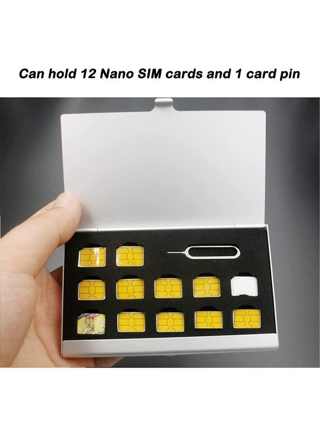 Aluminum SIM Card Case Fit For 12 Nano SIM Card And 1 Cell Phone Eject Pin Slots Universal Waterproof Slim Mini SIM Card Slots Storage Case (Silver) - Image 2