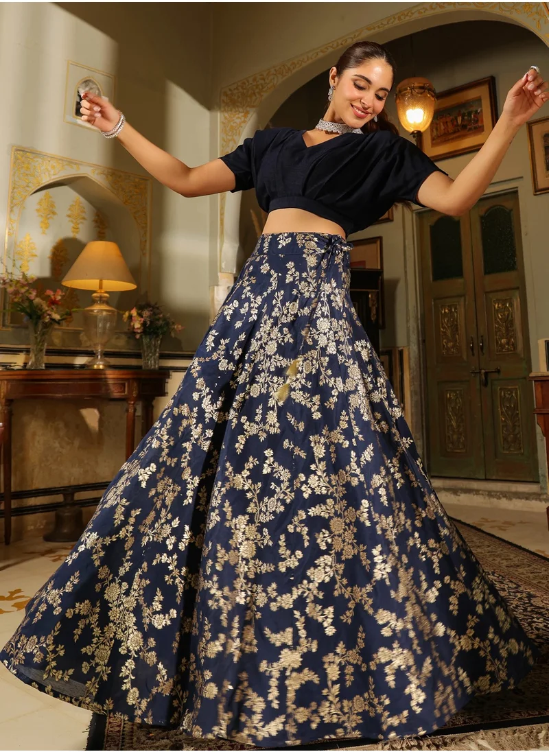 kolaba Blue Vichitra Silk Solid Top And Skirt Set