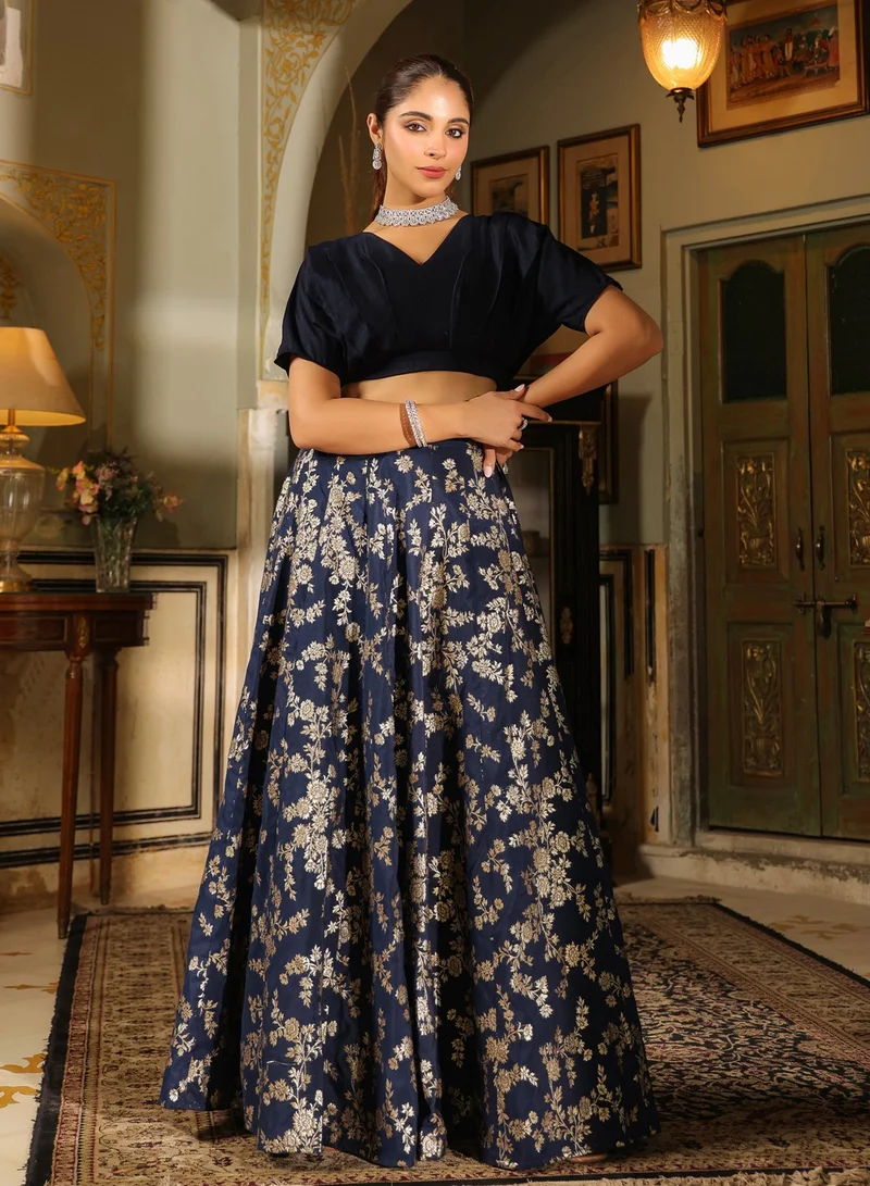 kolaba Blue Vichitra Silk Solid Top And Skirt Set