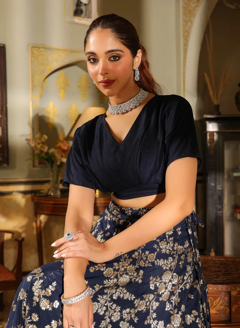 kolaba Blue Vichitra Silk Solid Top And Skirt Set