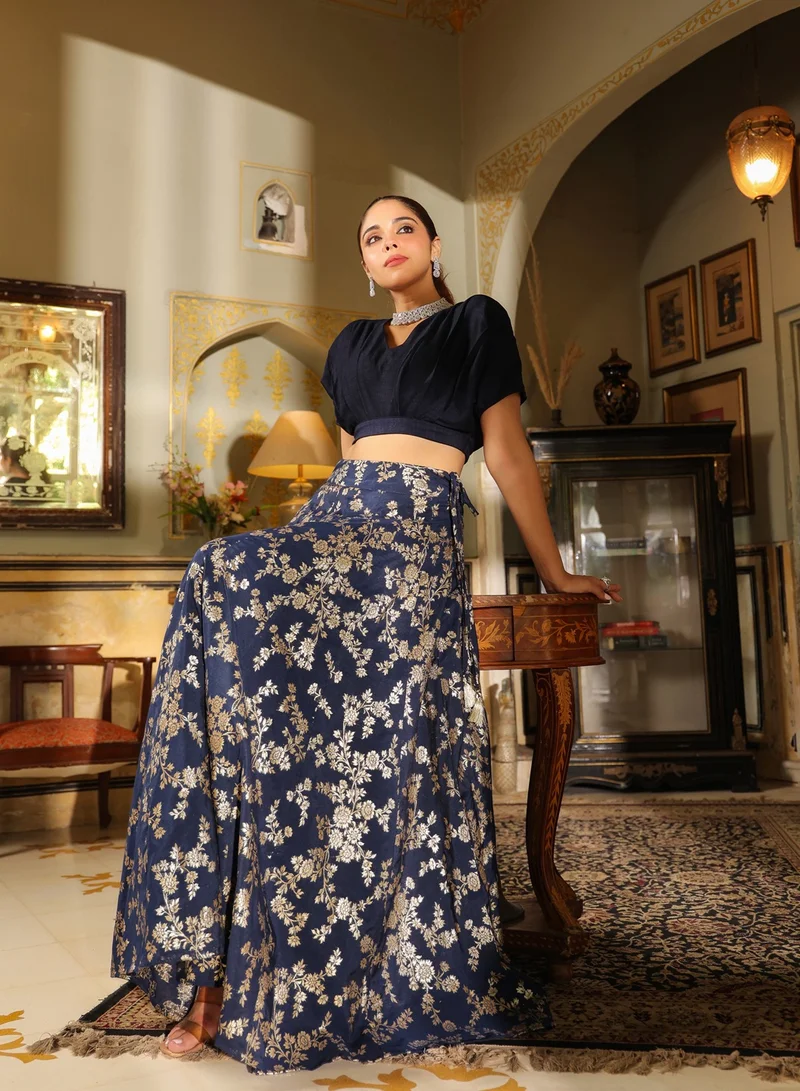 kolaba Blue Vichitra Silk Solid Top And Skirt Set
