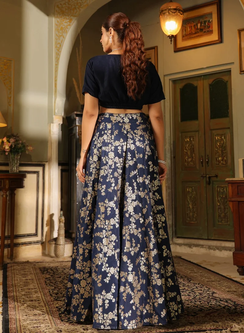 kolaba Blue Vichitra Silk Solid Top And Skirt Set