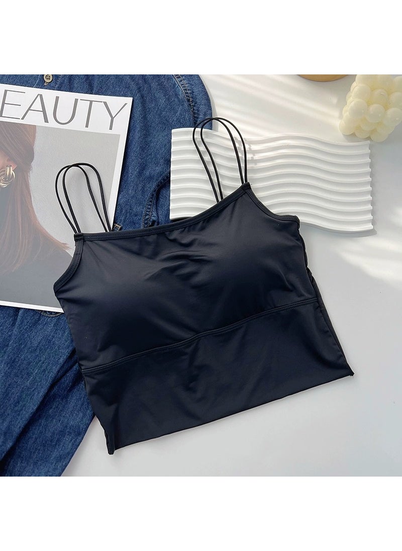Generic - Ice Silk Seamless Womens Inner Tank Top Fixed Chest Pad Strapless Bra Outer Wear Base Layer Beautiful Back Design Black - Image 1