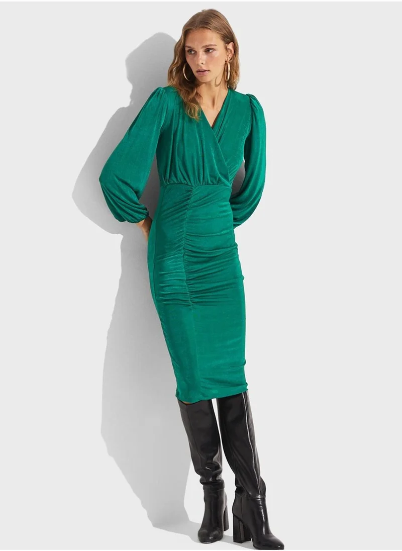 JUNE Emerald Ruched Dress