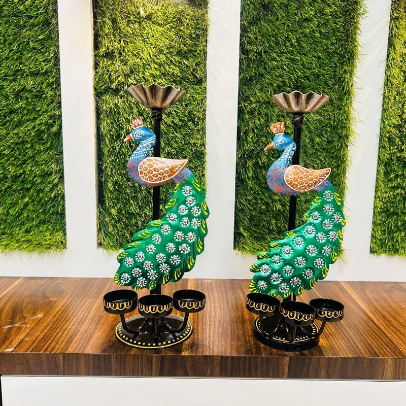 Framing Hub Framing Hub Metal Set of 2 Antique Multicolor Peacock T Light Candle Dhoop Holder showpiece for Pooja Home Office Indoor Outdoor Dcor  - Image 1