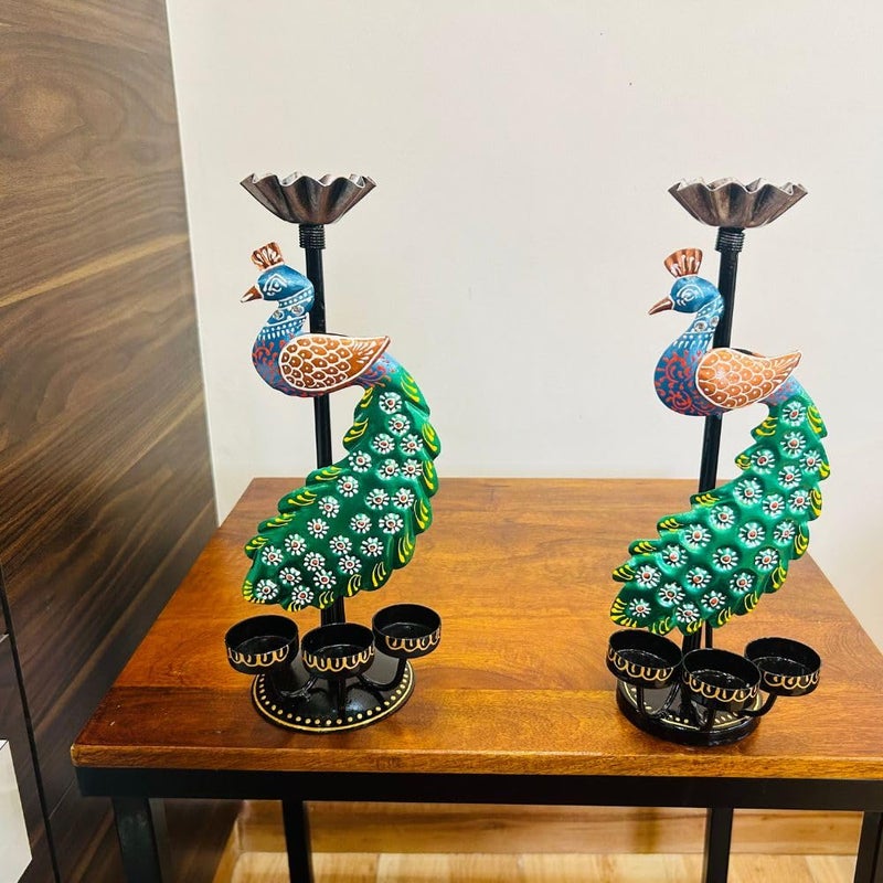 Framing Hub Framing Hub Metal Set of 2 Antique Multicolor Peacock T Light Candle Dhoop Holder showpiece for Pooja Home Office Indoor Outdoor Dcor  - Image 4
