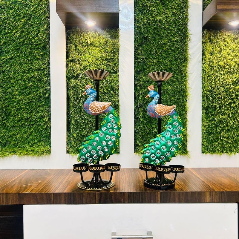 Framing Hub Framing Hub Metal Set of 2 Antique Multicolor Peacock T Light Candle Dhoop Holder showpiece for Pooja Home Office Indoor Outdoor Dcor  - Image 2