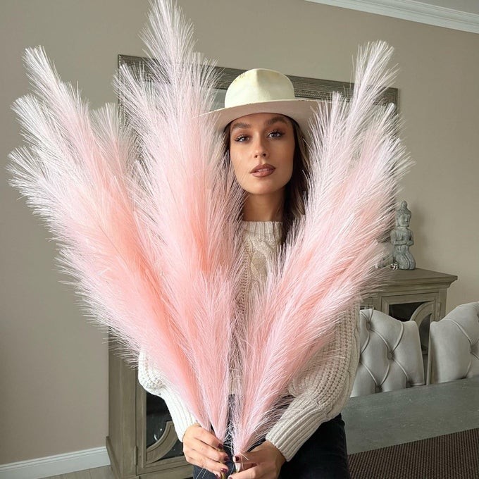 EXTRA LARGE TALL LIGHT BABY PINK FAKE FAUX ARTIFICIAL PAMPAS GRASS LARGE FLUFFY X3 115CM STEMS X18 DECORATIVE ARTIFICIAL FLORA FEATHERS FOR FLOOR VASES TALL PLANT FLOWERS LONG PAMPAS GRASS