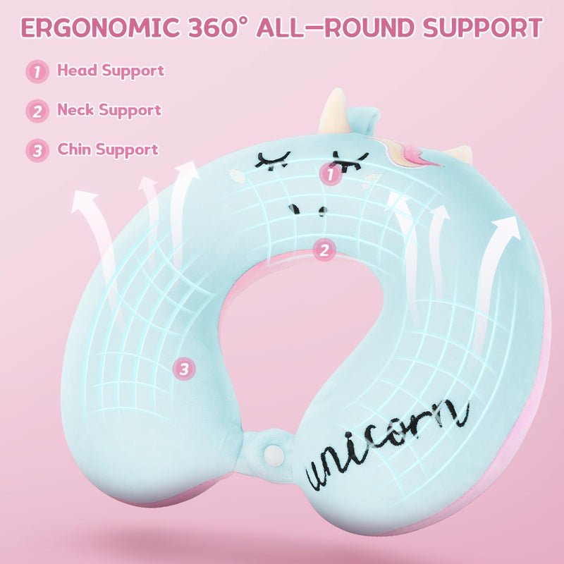 OBloved Kids Neck Pillow, Unicorn Kids Travel Pillow, Toddler Neck Pillow for Traveling with Eye Mask, Travel Essentials for Road Trip Airplane Car Seat, Cute Headrest Memory Foam Pillow for Gift (Pink) - Image 4