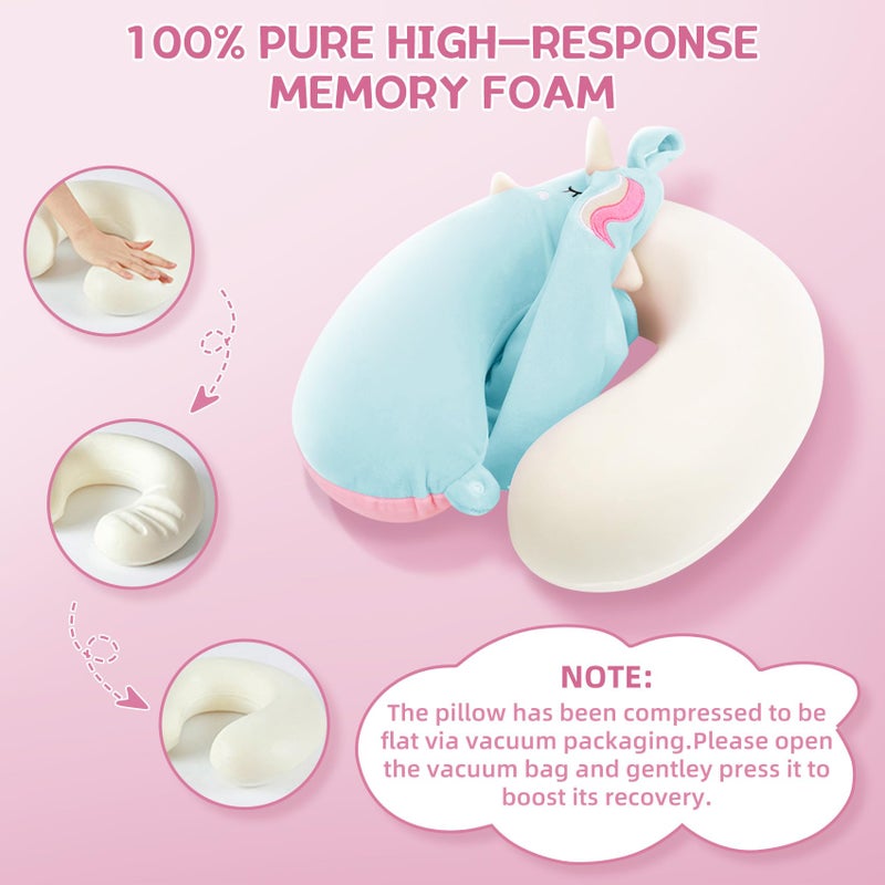 OBloved Kids Neck Pillow, Unicorn Kids Travel Pillow, Toddler Neck Pillow for Traveling with Eye Mask, Travel Essentials for Road Trip Airplane Car Seat, Cute Headrest Memory Foam Pillow for Gift (Pink) - Image 3