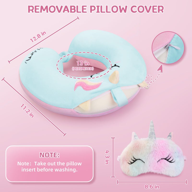 OBloved Kids Neck Pillow, Unicorn Kids Travel Pillow, Toddler Neck Pillow for Traveling with Eye Mask, Travel Essentials for Road Trip Airplane Car Seat, Cute Headrest Memory Foam Pillow for Gift (Pink) - Image 5