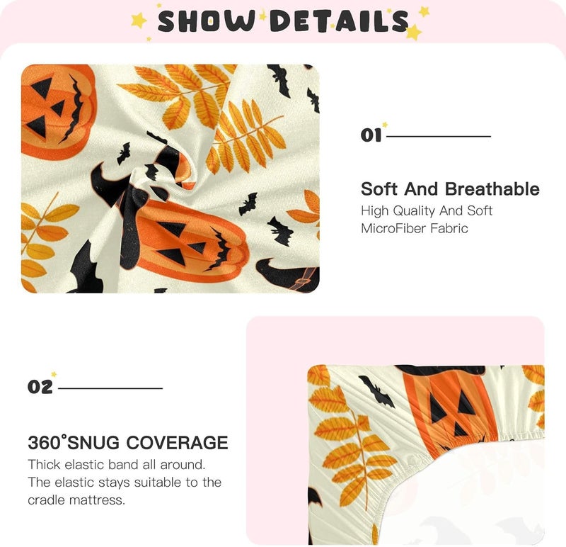 Halloween Hat Pumpkins Crib Sheets for Boys Girls Ultra Soft Breathable Baby Crib Sheet Fitted Crib Sheets for Standard Size Crib and Toddler Mattresses, 52 x 28 Inch - Image 5