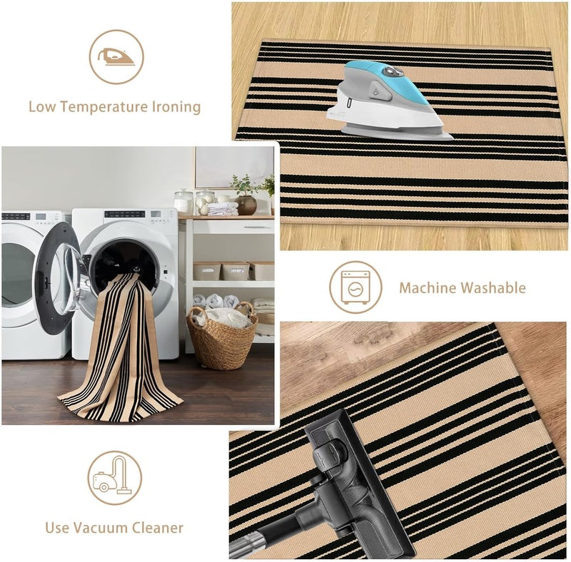 Sungea Striped Outdoor Front Door Mat 24"x51", Cotton Hand Woven Washable Black and Khaki Rug Runner, Reversible Foldable Indoor Layered Front Door Rugs for Entryway/Farmhouse/Home Entrance - Image 5