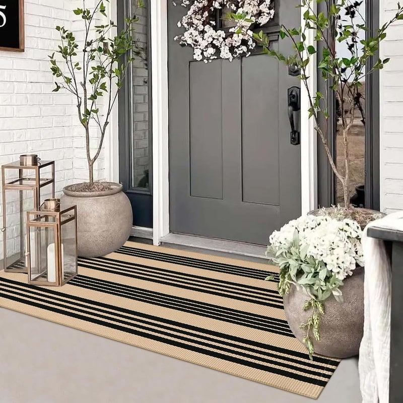 Sungea Striped Outdoor Front Door Mat 24"x51", Cotton Hand Woven Washable Black and Khaki Rug Runner, Reversible Foldable Indoor Layered Front Door Rugs for Entryway/Farmhouse/Home Entrance - Image 1