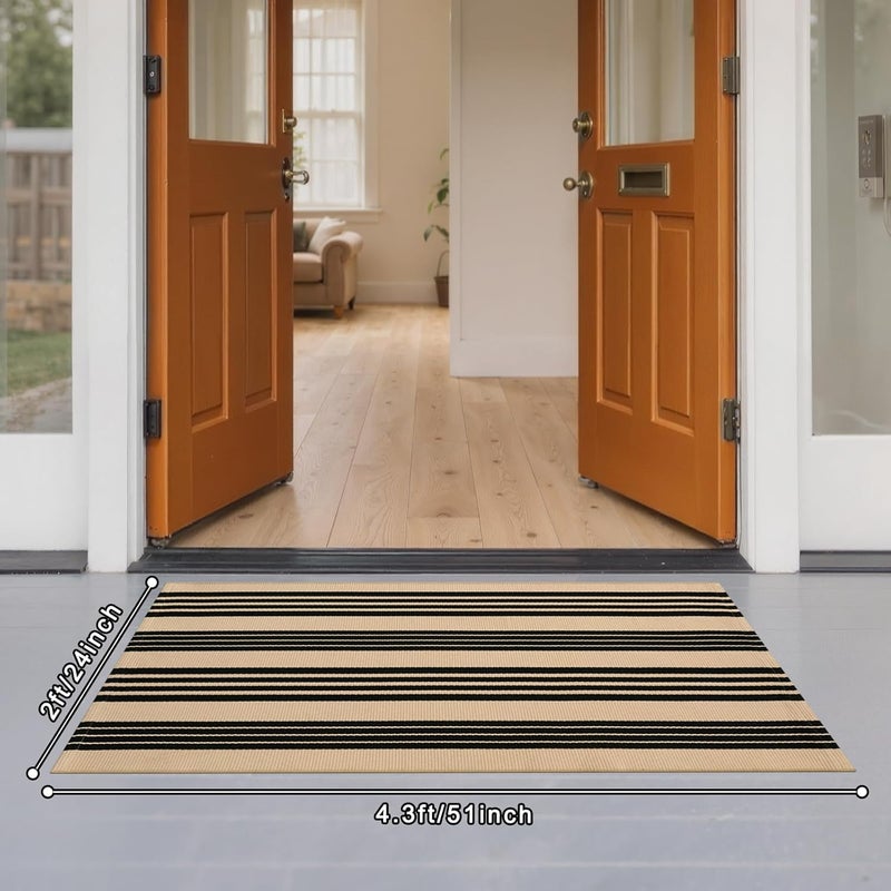 Sungea Striped Outdoor Front Door Mat 24"x51", Cotton Hand Woven Washable Black and Khaki Rug Runner, Reversible Foldable Indoor Layered Front Door Rugs for Entryway/Farmhouse/Home Entrance - Image 2