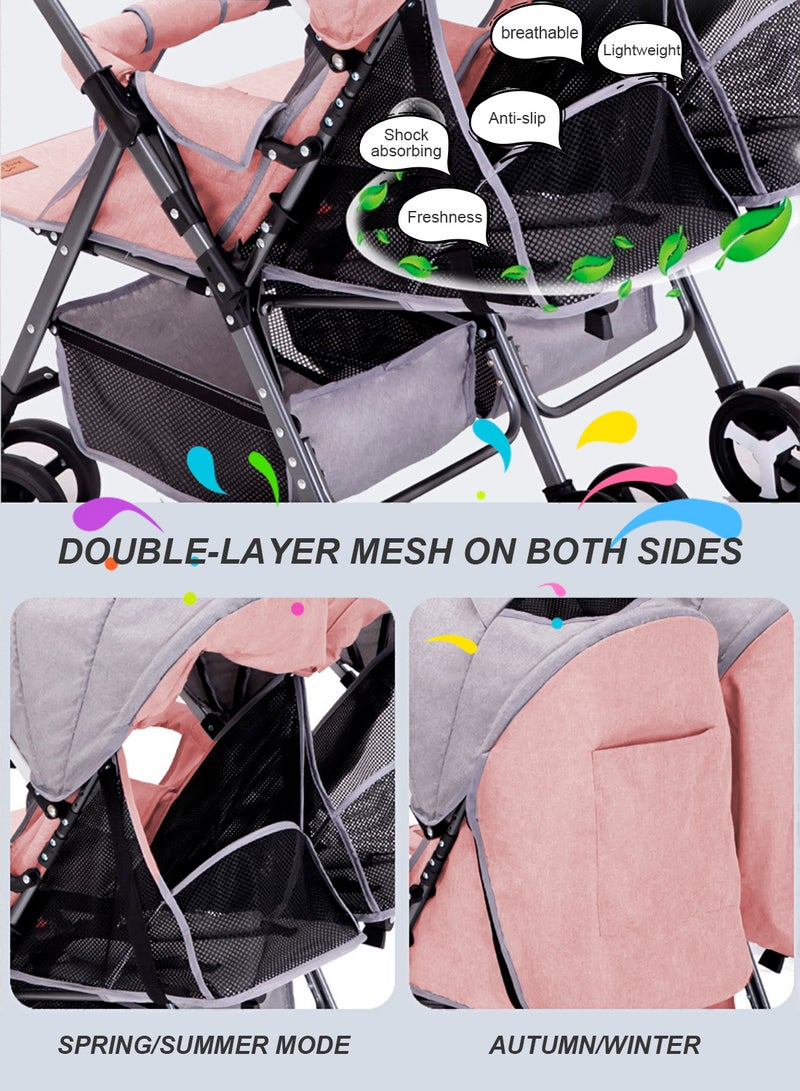 ما بيبي عربة أطفال مزدوجة للأطفال، عربات أطفال مزدوجة جنبًا إلى جنب، عربة أطفال مزدوجة قابلة للفصل وقابلة للانعكاس مع مظلة ومسند ظهر قابل للتعديل، يمكن الجلوس والاستلقاء- وردي - Image 4
