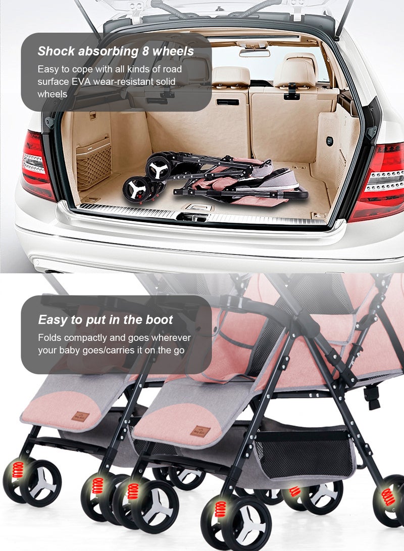 ما بيبي عربة أطفال مزدوجة للأطفال، عربات أطفال مزدوجة جنبًا إلى جنب، عربة أطفال مزدوجة قابلة للفصل وقابلة للانعكاس مع مظلة ومسند ظهر قابل للتعديل، يمكن الجلوس والاستلقاء- وردي - Image 3