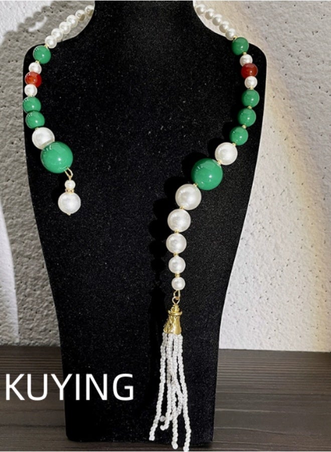 KUYING China-Chic Green Mosaic Pearl Collar Ancient Fashion Fringe Necklace - Image 2