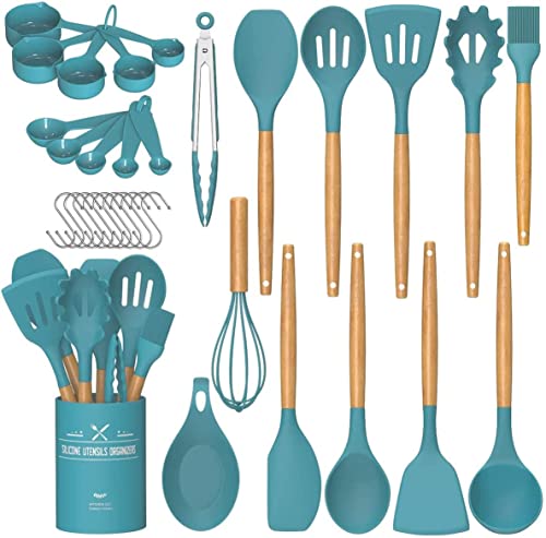 Umite Chef Kitchen Cooking Utensils Set, 33 pcs Non-stick Silicone Utensils Spatula Set with Holder, Silicone Kitchen Gadgets Utensil Set(Dark Blue) - Image 1