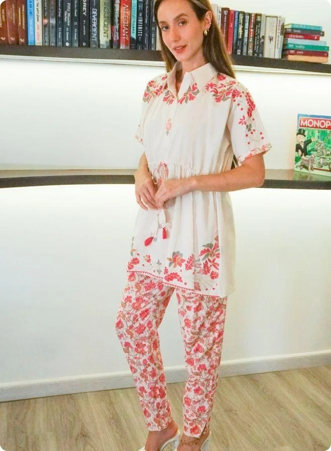 #Be Floral White Co-ord Set with Drawstring Top and Slit Pants
